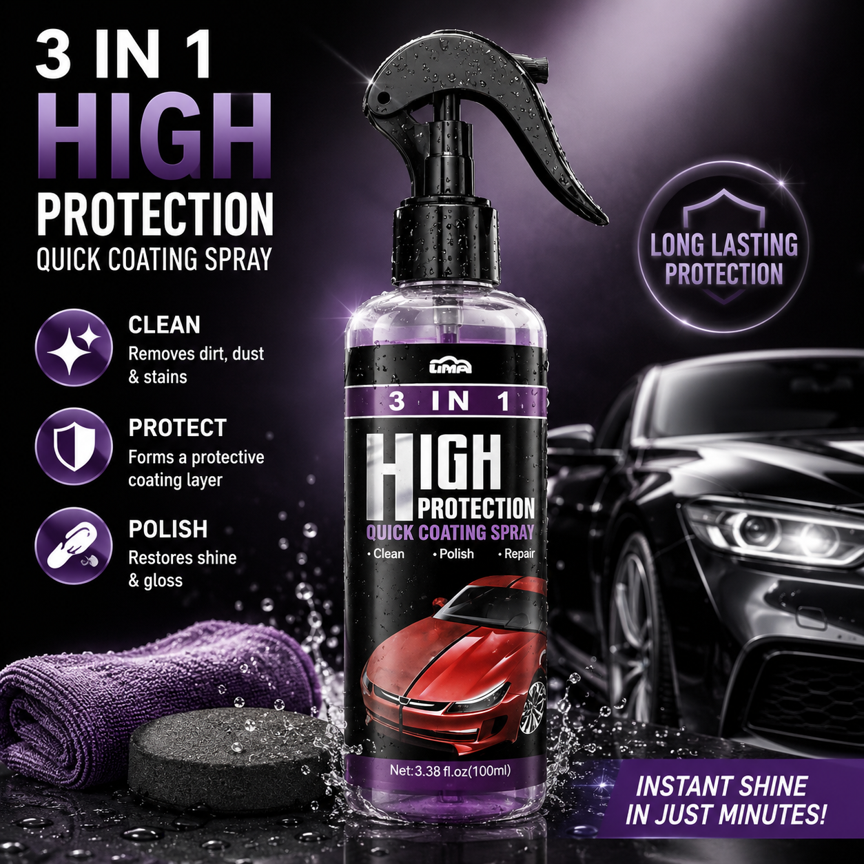 Stridepro NanoShield™ 3-in-1 Car Quick Coating Spray (Pack of 2)