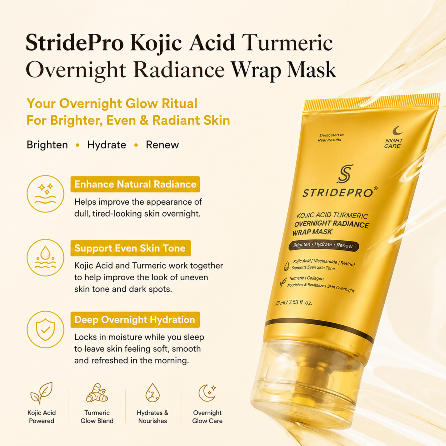 StridePro Kojic Acid Turmeric Overnight Radiance Wrap Mask 75ml