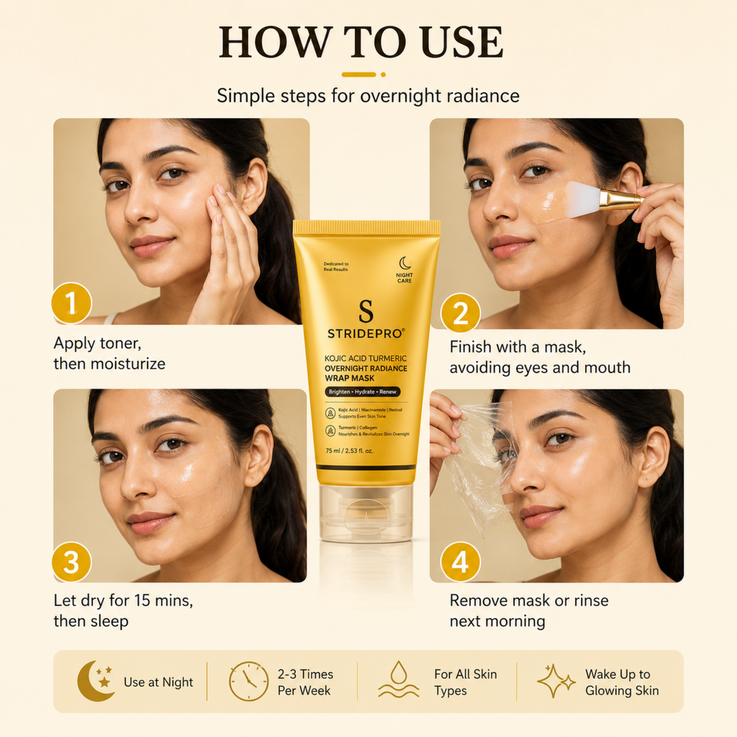 StridePro Kojic Acid Turmeric Overnight Radiance Wrap Mask 75ml