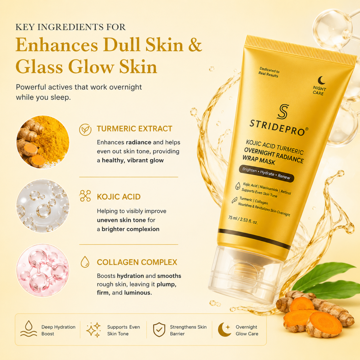 StridePro Kojic Acid Turmeric Overnight Radiance Wrap Mask 75ml
