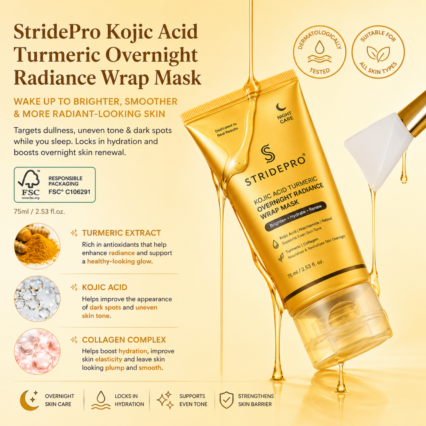 StridePro Kojic Acid Turmeric Overnight Radiance Wrap Mask 75ml